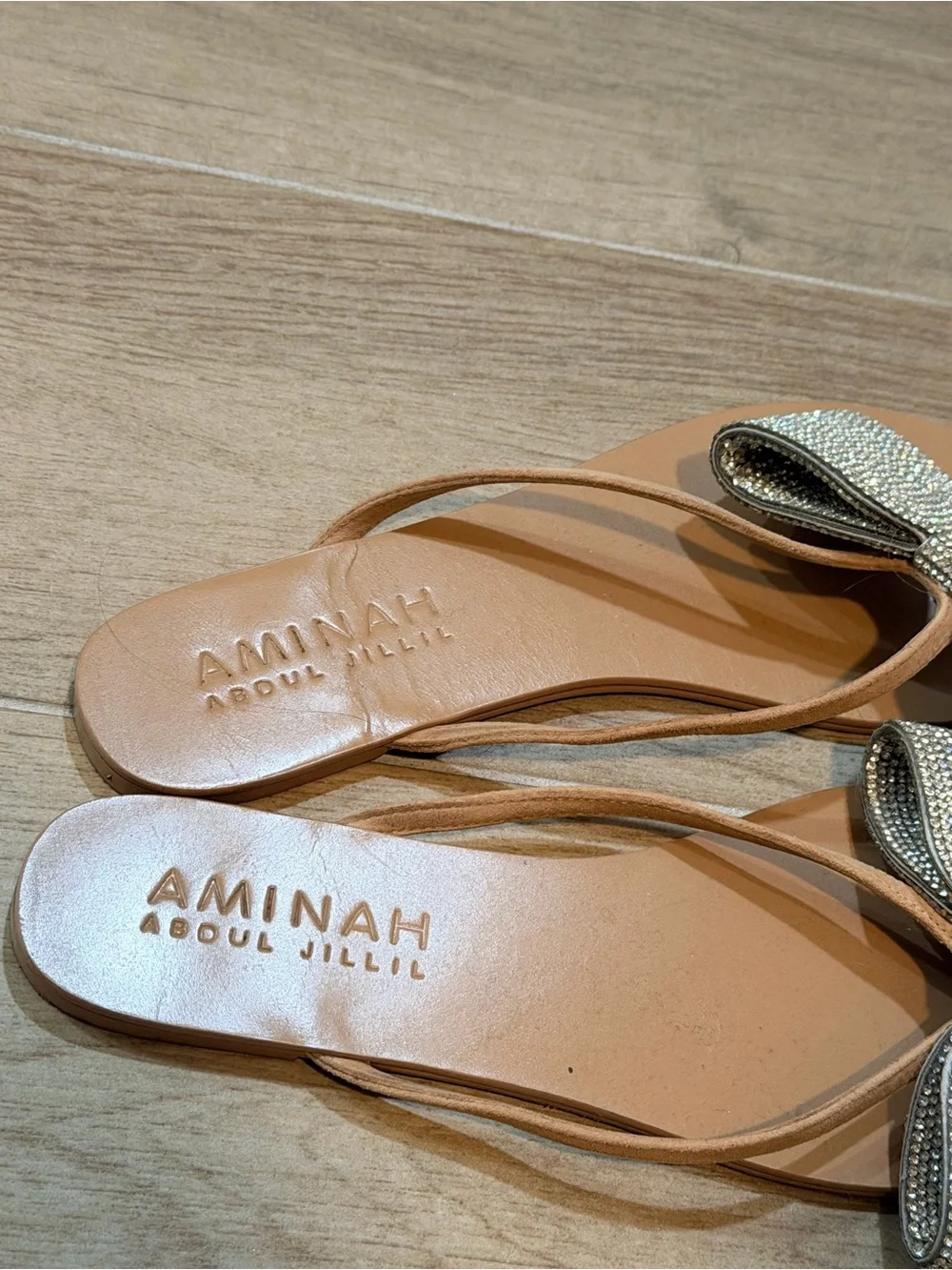 Crystal Bow Nude Slide Heels